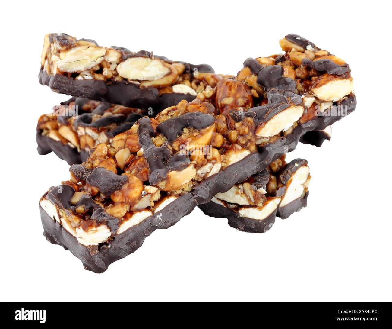 Dark chocolate and almond nut bars isolated on a white background Stock Photo