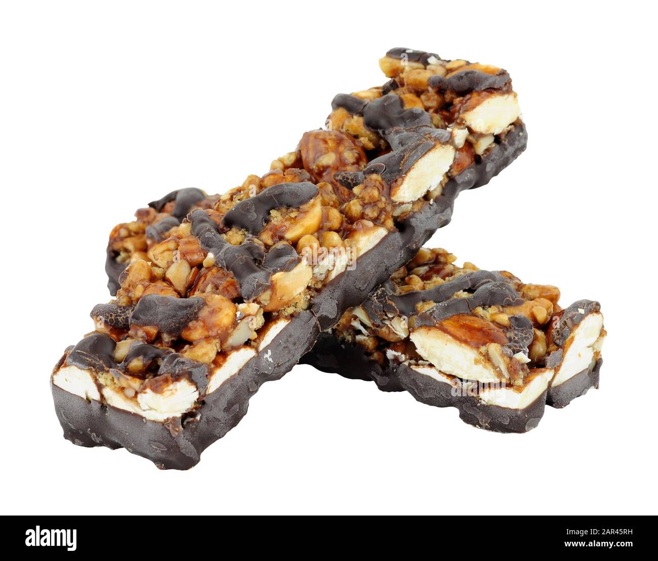 Dark chocolate and almond nut bars isolated on a white background Stock Photo