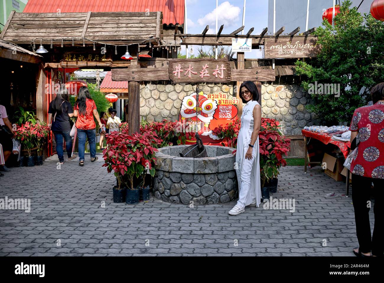Woman dressed in áo dài traditional Vietnamese costume, posing for a photograph against a Chinese venue backdrop Stock Photo