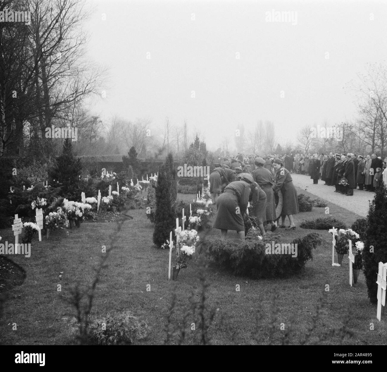 Commemoration war tombs New Eastern Cemetery Annotation: Women in uniform (Milva's or Red Cross?) Places wreaths Date: November 15, 1952 Location: Amsterdam Keywords: commemorations, war graves Institution name: Oostercemetery Stock Photo