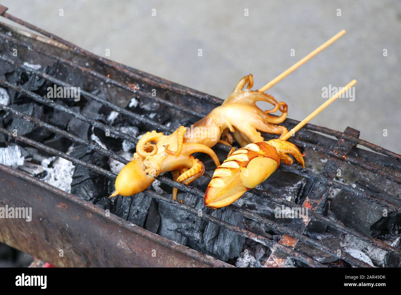 Squid skewer with grilled sticks on a charcoal stove. Grilled squid on