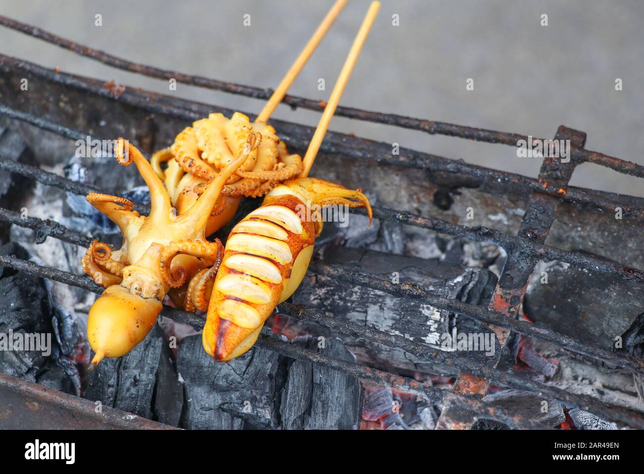 Squid skewer with grilled sticks on a charcoal stove. Grilled squid on
