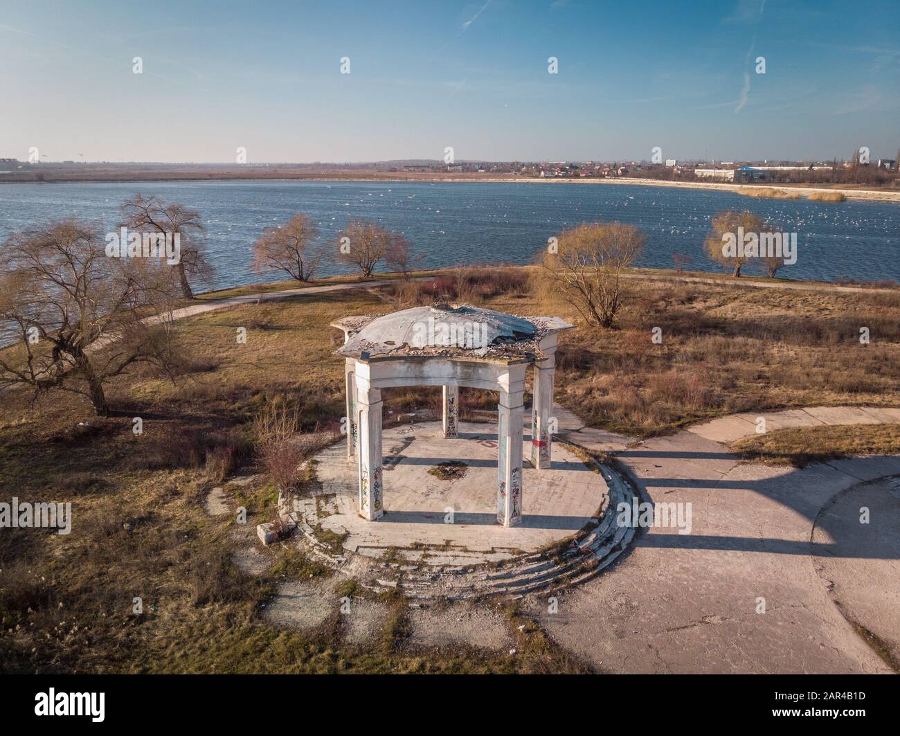 Aerial photo of the old kiosk on the Morii Lake Island, Bucharest, Romania Stock Photo