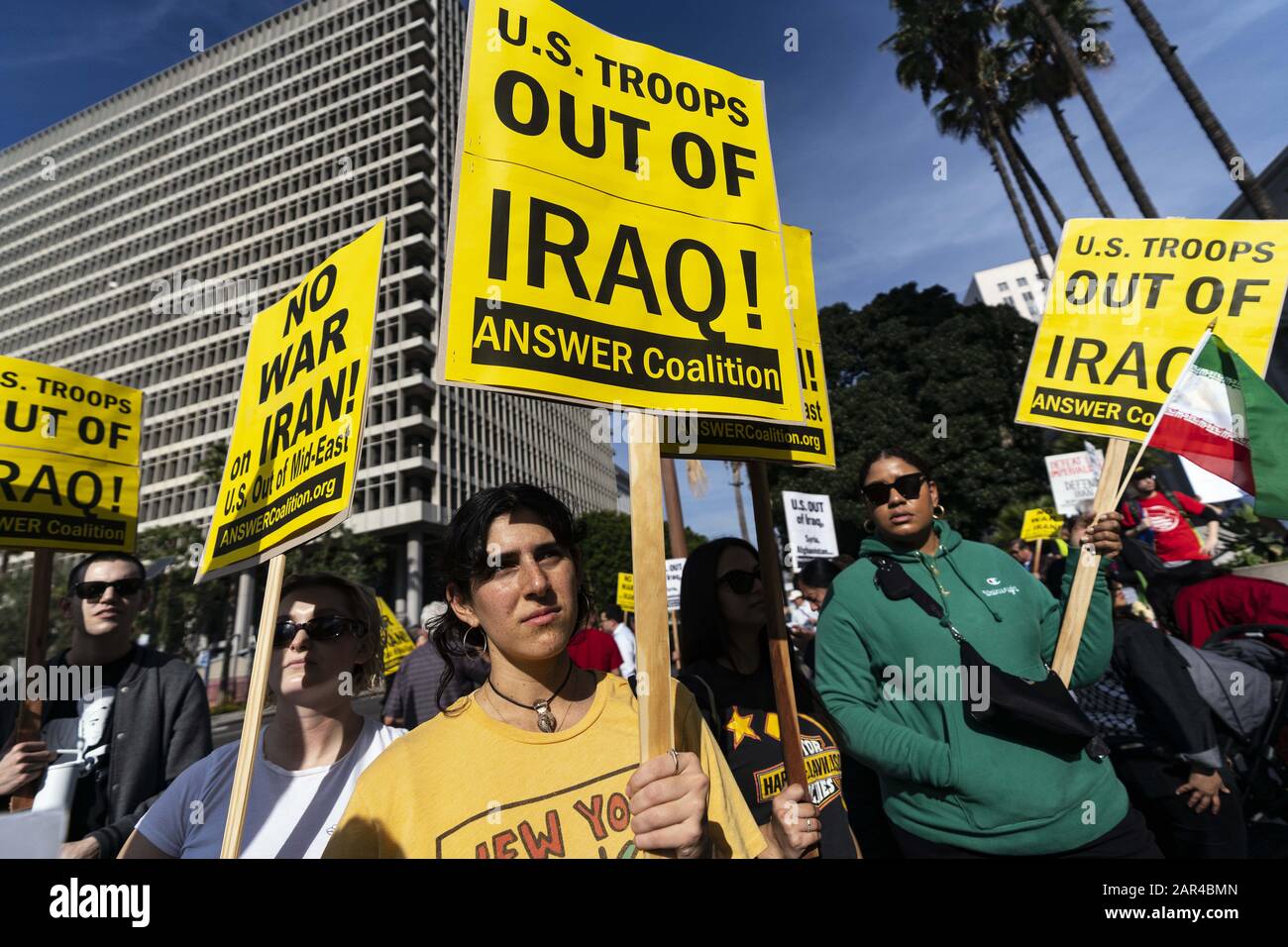 Los Angeles, USA. 15th Mar, 2019. Protesters hold placards saying No war on Iran U.S out of Mid-east during the demonstration.No War in Iran protest against the Trump Administration's military actions and economic sanctions against Iran. Organizers called on Trump to withdraw U.S. troops from Iraq and not to drag the U.S. into a war in the Middle East. Credit: Ronen Tivony/SOPA Images/ZUMA Wire/Alamy Live News Stock Photo