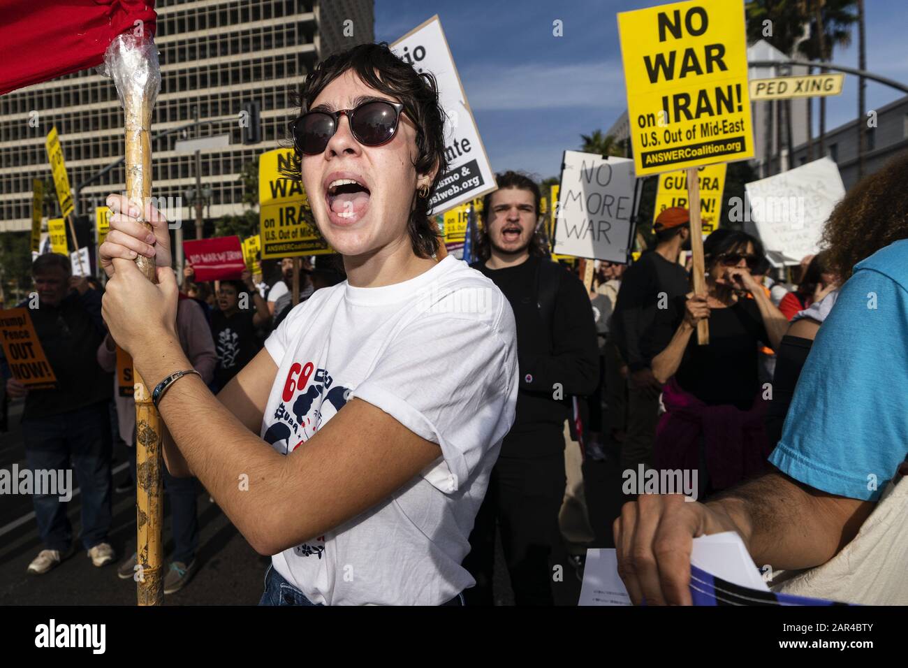 Los Angeles, USA. 15th Mar, 2019. Protesters chants slogans during the demonstration.No War in Iran protest against the Trump Administration's military actions and economic sanctions against Iran. Organizers called on Trump to withdraw U.S. troops from Iraq and not to drag the U.S. into a war in the Middle East. Credit: Ronen Tivony/SOPA Images/ZUMA Wire/Alamy Live News Stock Photo
