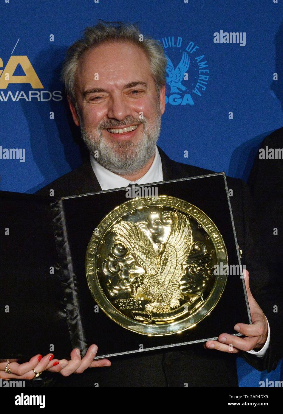 Los Angeles, United States. 26th Jan, 2020. DGA Feature Film Award winner for '1917' Sam Mendes appears backstage with his award during the 72nd annual Directors Guild of America Awards at the Ritz-Carlton in downtown Los Angeles on Saturday, January 25, 2020. Photo by Jim Ruymen/UPI Credit: UPI/Alamy Live News Stock Photo