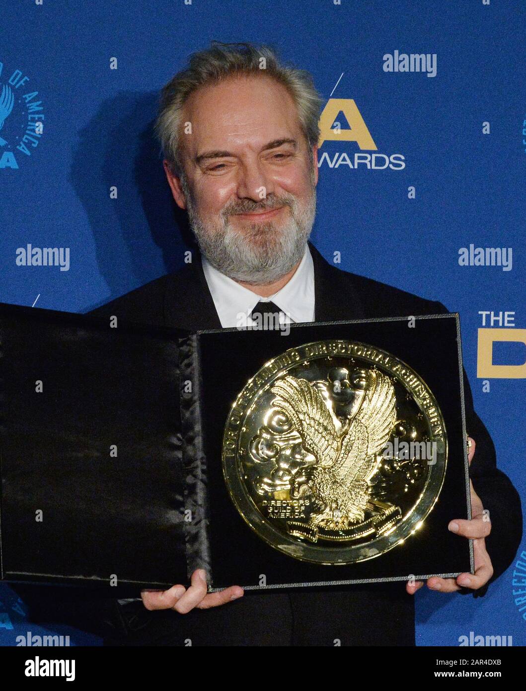 Los Angeles, United States. 26th Jan, 2020. DGA Feature Film Award winner for '1917' Sam Mendes appears backstage with his award during the 72nd annual Directors Guild of America Awards at the Ritz-Carlton in downtown Los Angeles on Saturday, January 25, 2020. Photo by Jim Ruymen/UPI Credit: UPI/Alamy Live News Stock Photo