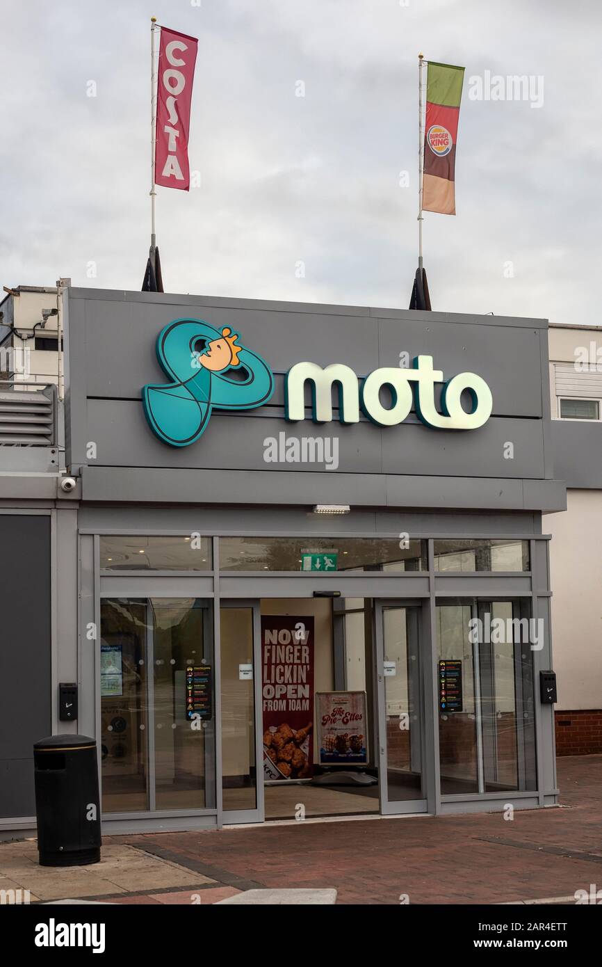 TODDINGTON, UK - MAY 28, 2019:  Entrance to the Moto operated Service Station on the M1 Motoray Stock Photo