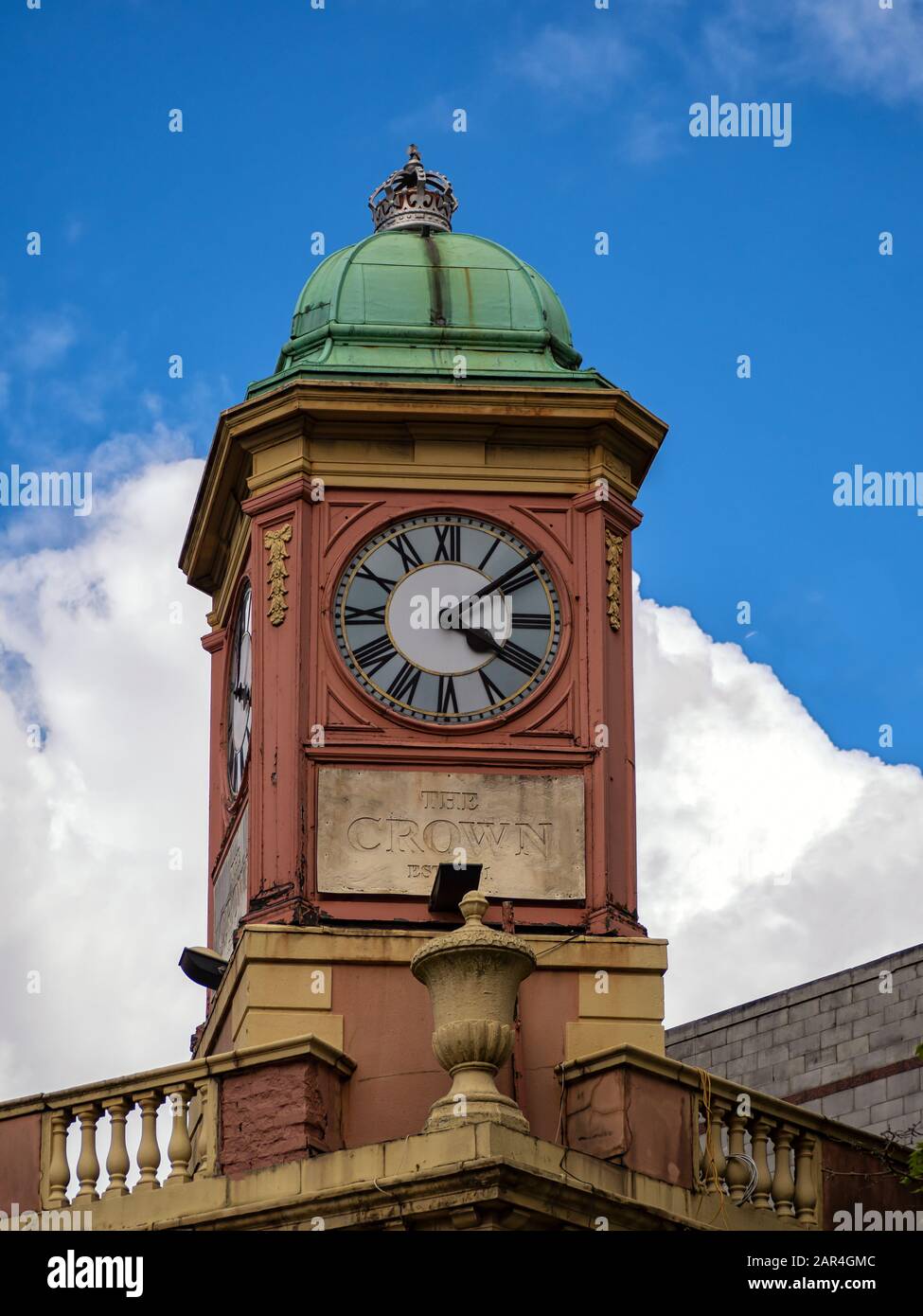 BIRMINGHAM, UK - MAY 28, 2019:  The clock tower of the Crown Inn, a Victorian public house in Broad Street Stock Photo