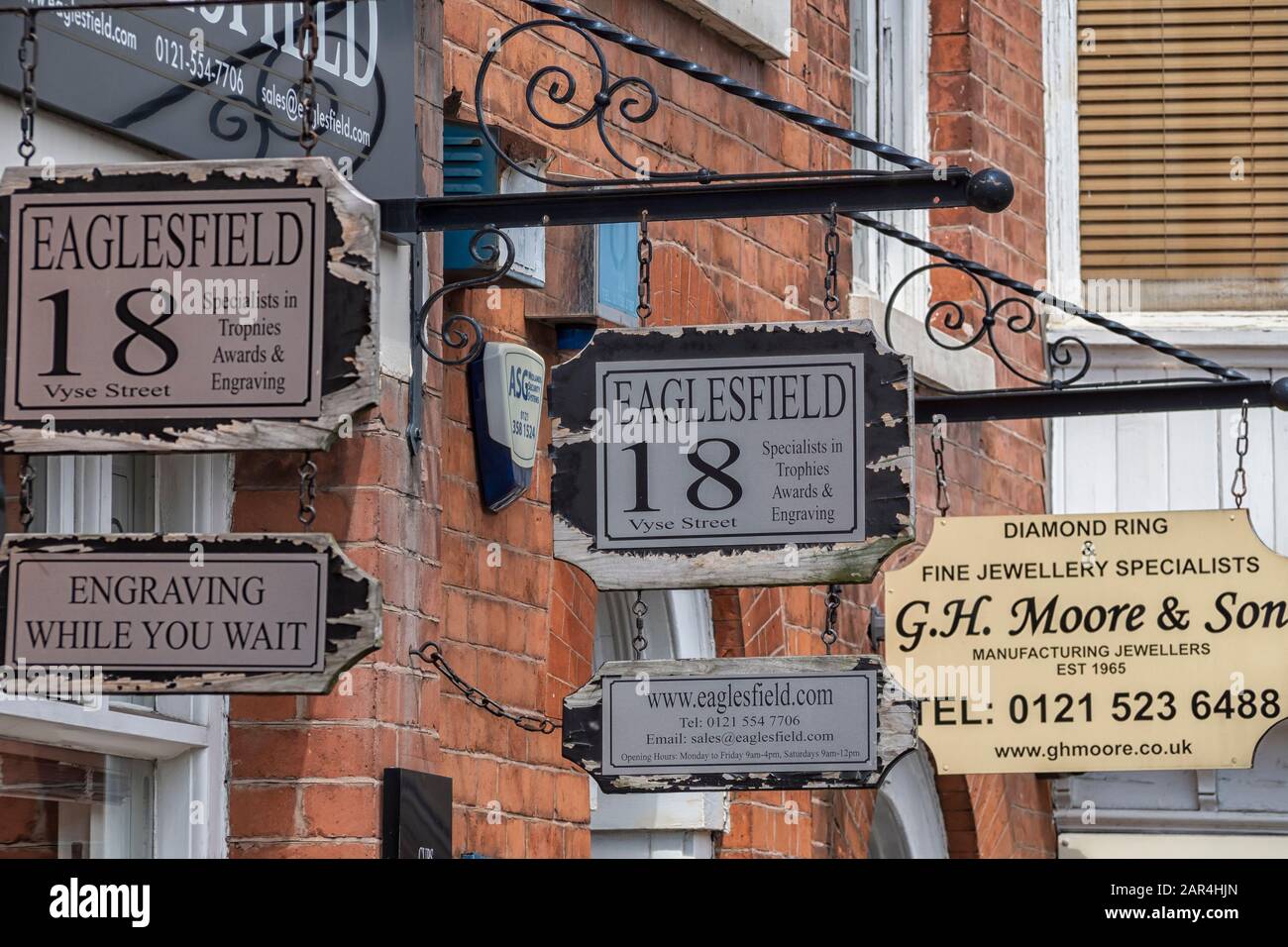 BIRMINGHAM, UK - MAY 28, 2019: Signs for Jewellery shops in Vyse Street in the Jewellery Quarter Stock Photo