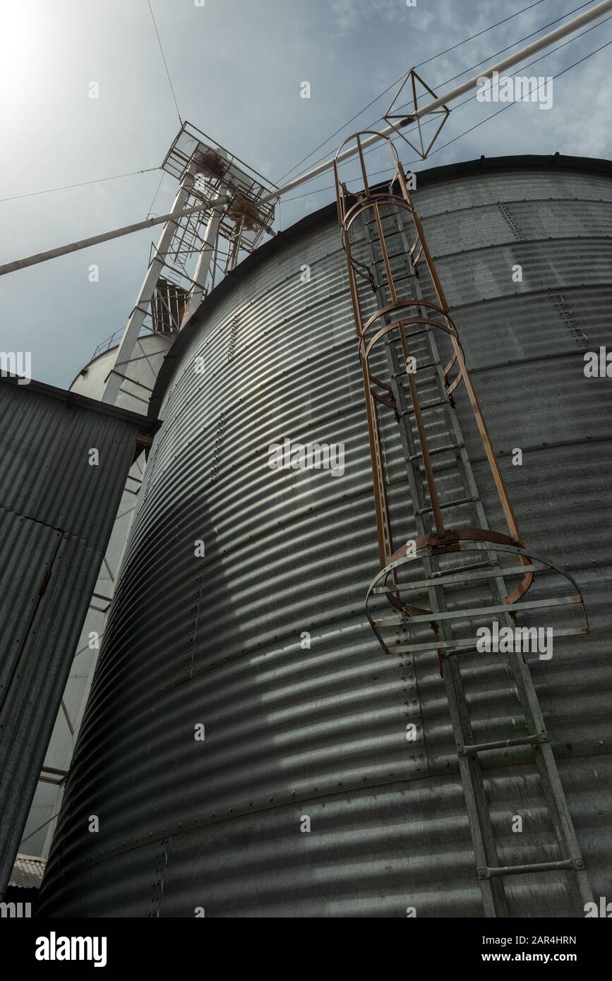 Large Metal Bins at a Grain Elevator Stock Photo Alamy