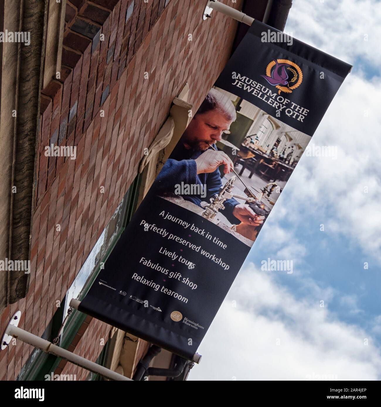 BIRMINGHAM, UK - 05/28/2019:  Banner sign for the Museum of the Jewellery Quarter in Vyse Street Stock Photo