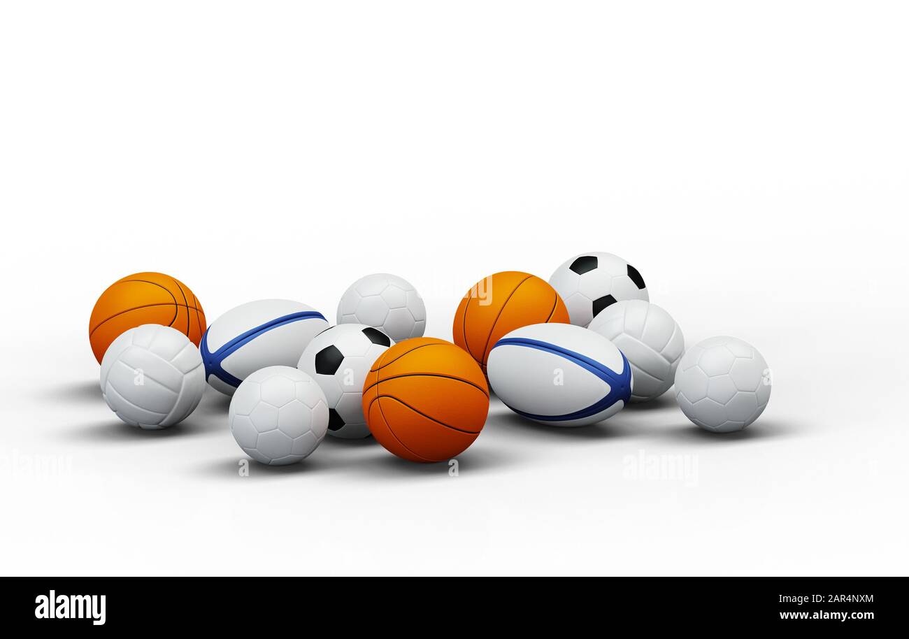 Front view of several team sport balls with a white background Stock