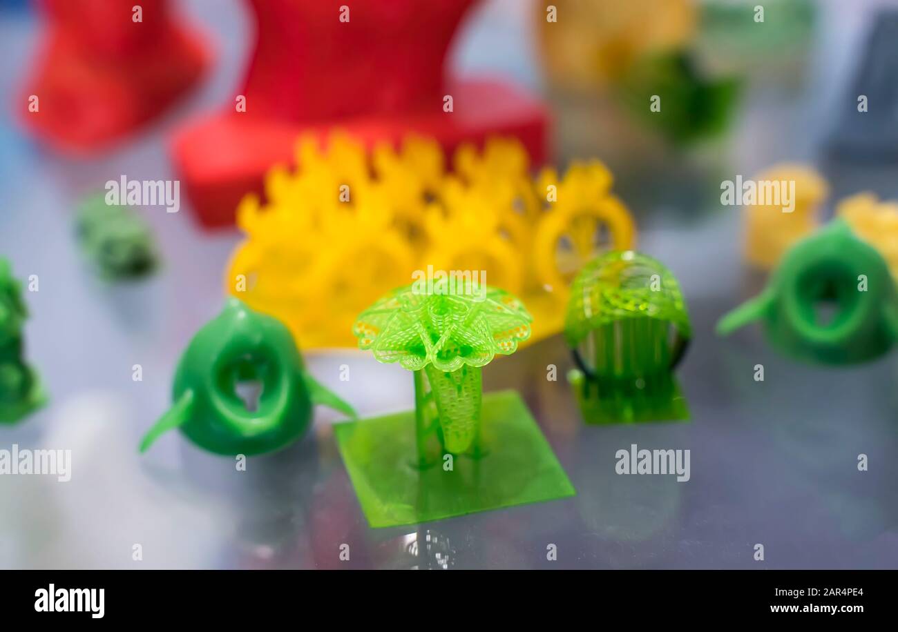 closeup object printed 3d printer close-up. Progressive modern additive ...