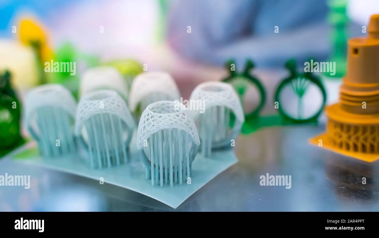 closeup object printed 3d printer close-up. Progressive modern additive technology 4.0 industrial revolution Stock Photo