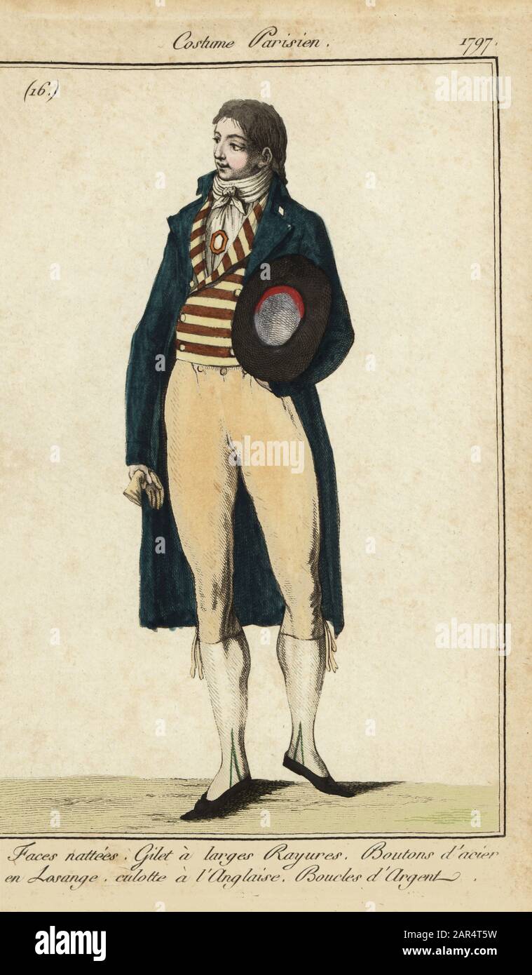 Gentleman in striped vest and breeches, 1797. He wears a vest with broad stripes and steel lozenge buttons. English-style breeches, silver buckles. Faces nattees, Gilet a larges rayures. Boutons d'acier en Losange. Culotte a l'Anglaise. Boucles d'argent. Handcoloured copperplate engraving from Pierre de la Mesangere’s Journal des Modes et Dames, Paris, 1797. The illustrations in volume 1 were by Carle Vernet, Claude Louis Desrais and Philibert Louis Debucourt. Stock Photo