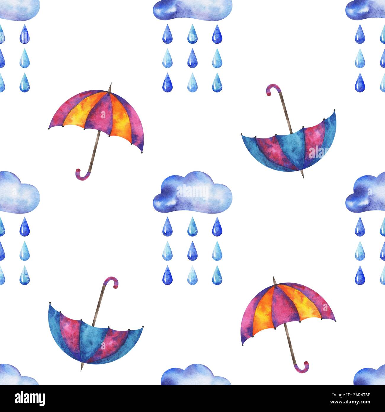 hands drawn watercolor seamless pattern with clouds, raindrops and ...