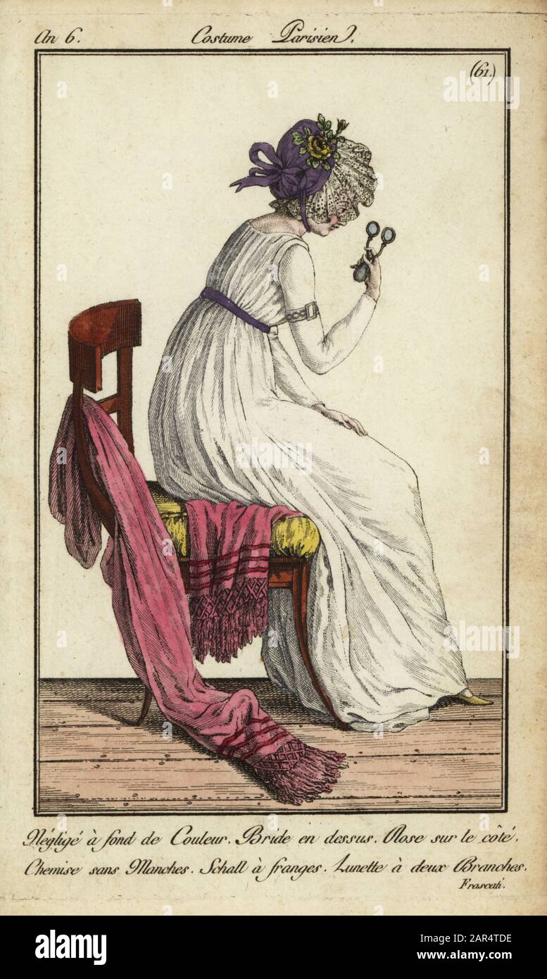 Fashionable woman seen at Cafe Frascati, 1798. She wears a casual hat  decorated with lace and a rose on one side. She wears a sleeveless chemise,  with a fringed shawl on her