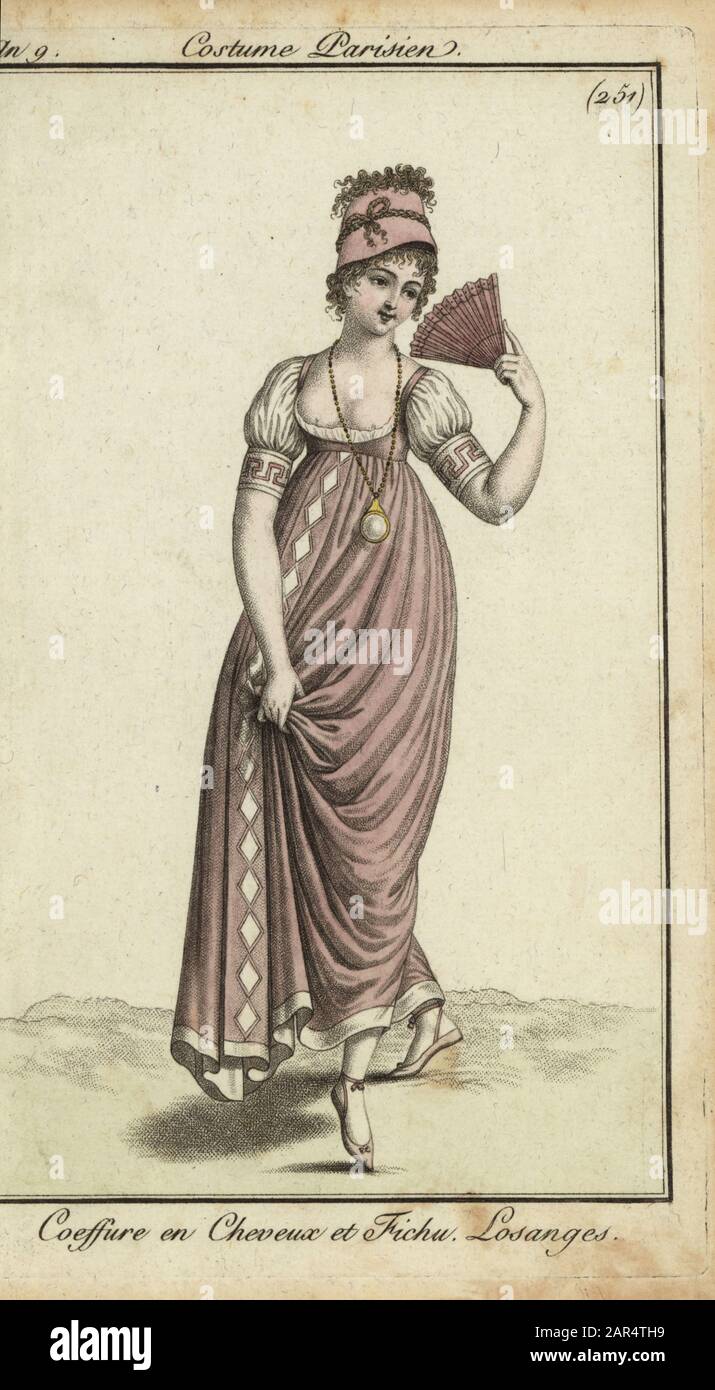 Fashionable merveilleuse with fan, 1800. Hairdress of kerchief tied with braids of hair. Dress with low decollete and lozenge-shapes down the front. Coeffure en Cheveux et Fichu. Losanges. Handcoloured copperplate engraving from Pierre de la Mesangere’s Journal des Modes et Dames, Paris, 1800. The illustrations in volume 4 were by Carle Vernet, Bosio, Dutailly and Philibert Louis Debucourt. Stock Photo