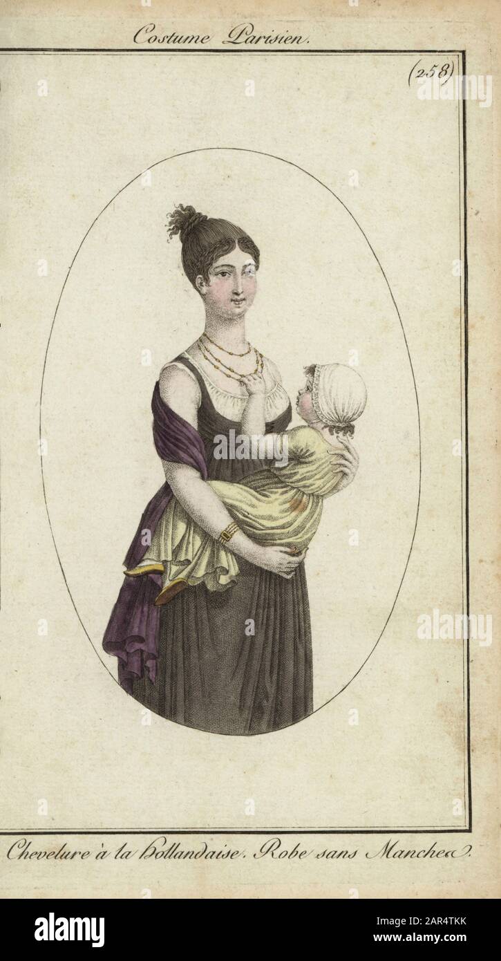 Fashionable woman and child, Paris, 1800. She wears her hair in the Dutch style, tied up in a bun, sleeveless dress and shawl. Chevelure a la Hollandaise. Robe sans manches. Handcoloured copperplate engraving from Pierre de la Mesangere’s Journal des Modes et Dames, Paris, 1800. The illustrations in volume 4 were by Carle Vernet, Bosio, Dutailly and Philibert Louis Debucourt. Stock Photo