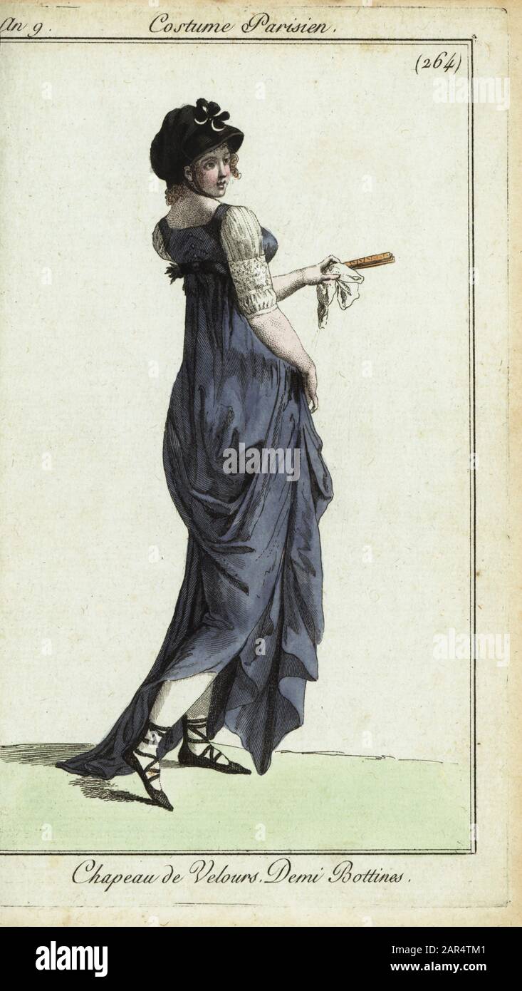 Fashionable woman or merveilleuse, 1800. She wears a velvet hat,  short-sleeve dress, half ankle-boots and holds a fan and kerchief. Chapeau  de Velours. Demi Bottines. Handcoloured copperplate engraving from Pierre  de la