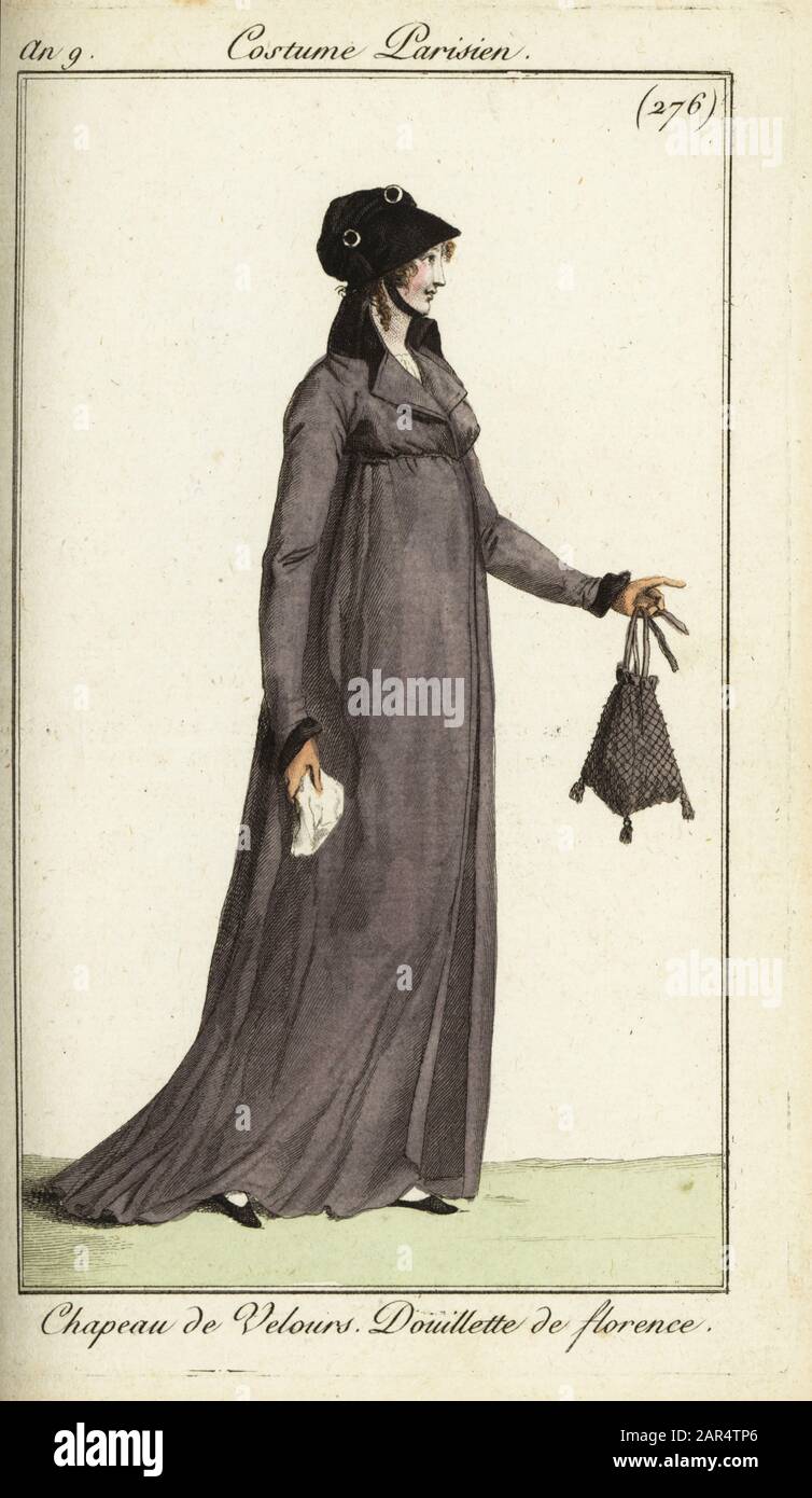 Fashionable woman in Florentine coat, 1800. She wears a velvet hat and a  loose-fitting coat from Florence. She holds a drawstring ridicule bag and  handkerchief. Chapeau de Velours. Douillette de Florence. Handcoloured