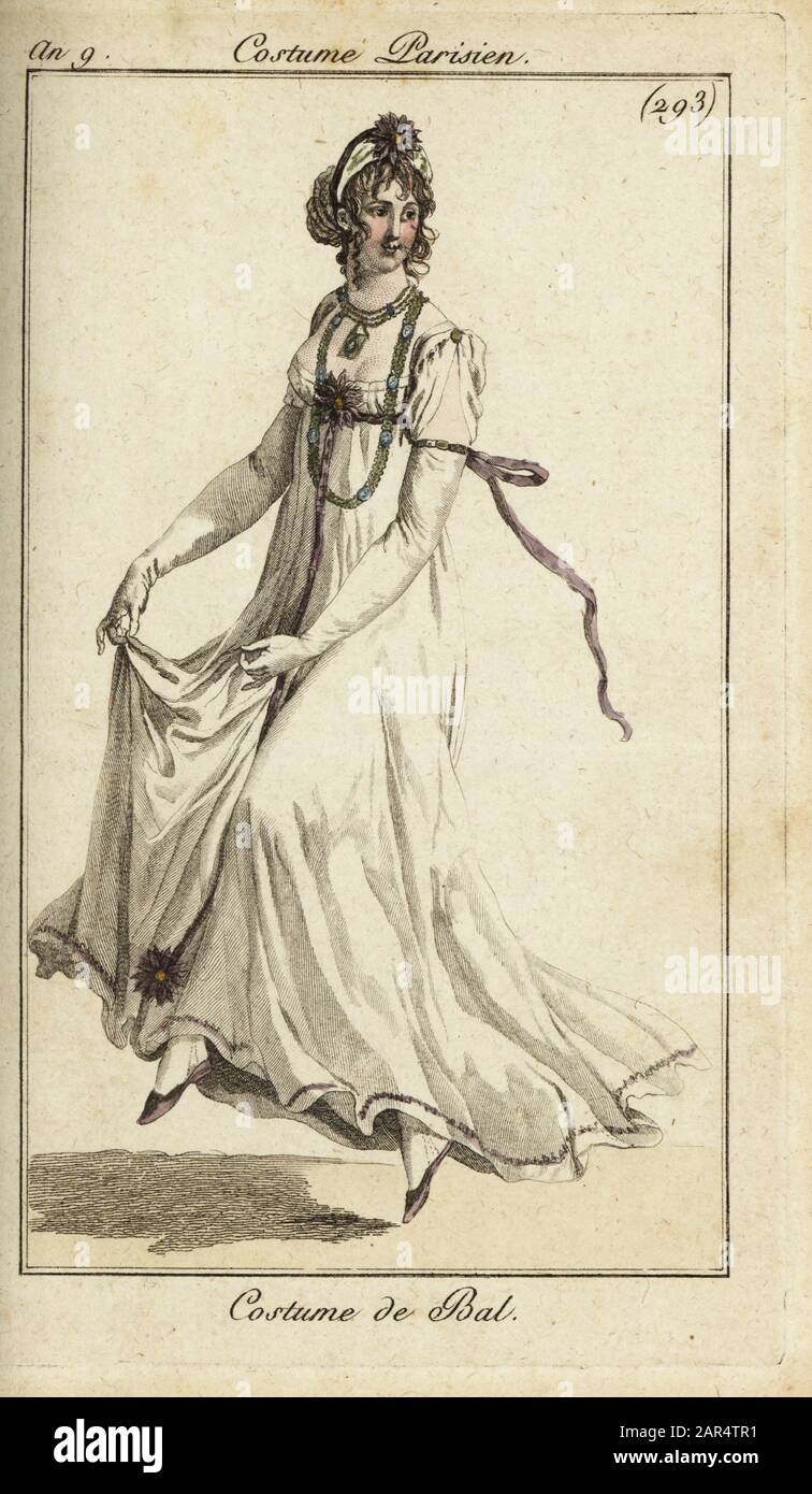 Fashionable woman dancing in a ball gown, 1801. She wears a classical hairstyle, long necklace with enamel portrait miniatures, low-cut dress and holds up her skirts while skipping in a folk dance or waltz. Costume de Bal. Handcoloured copperplate engraving from Pierre de la Mesangere’s Journal des Modes et Dames, Paris, 1801. The illustrations in volume 4 were by Carle Vernet, Bosio, Dutailly and Philibert Louis Debucourt. Stock Photo