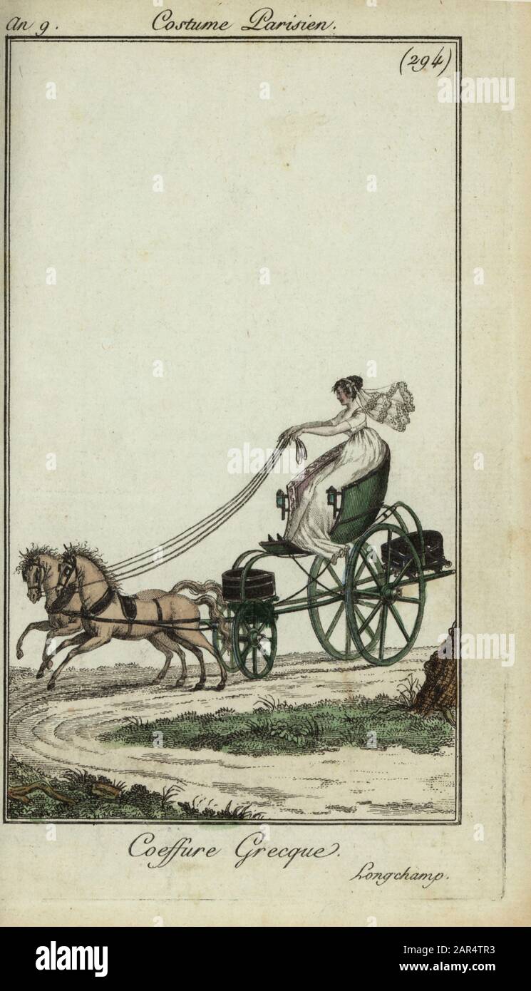 Woman in a Greek hairstyle driving a carriage drawn by two horses at Longchamp, 1801. She wears a lace veil and a simple white high-waisted dress. Coeffure Grecque. Handcoloured copperplate engraving from Woman in a Greek hairstyle driving a carriage drawn by two horses at Longchamp, 1801. She wears a lace veil and a simple white high-waisted dress. Coeffure Grecque. Handcoloured copperplate engraving from