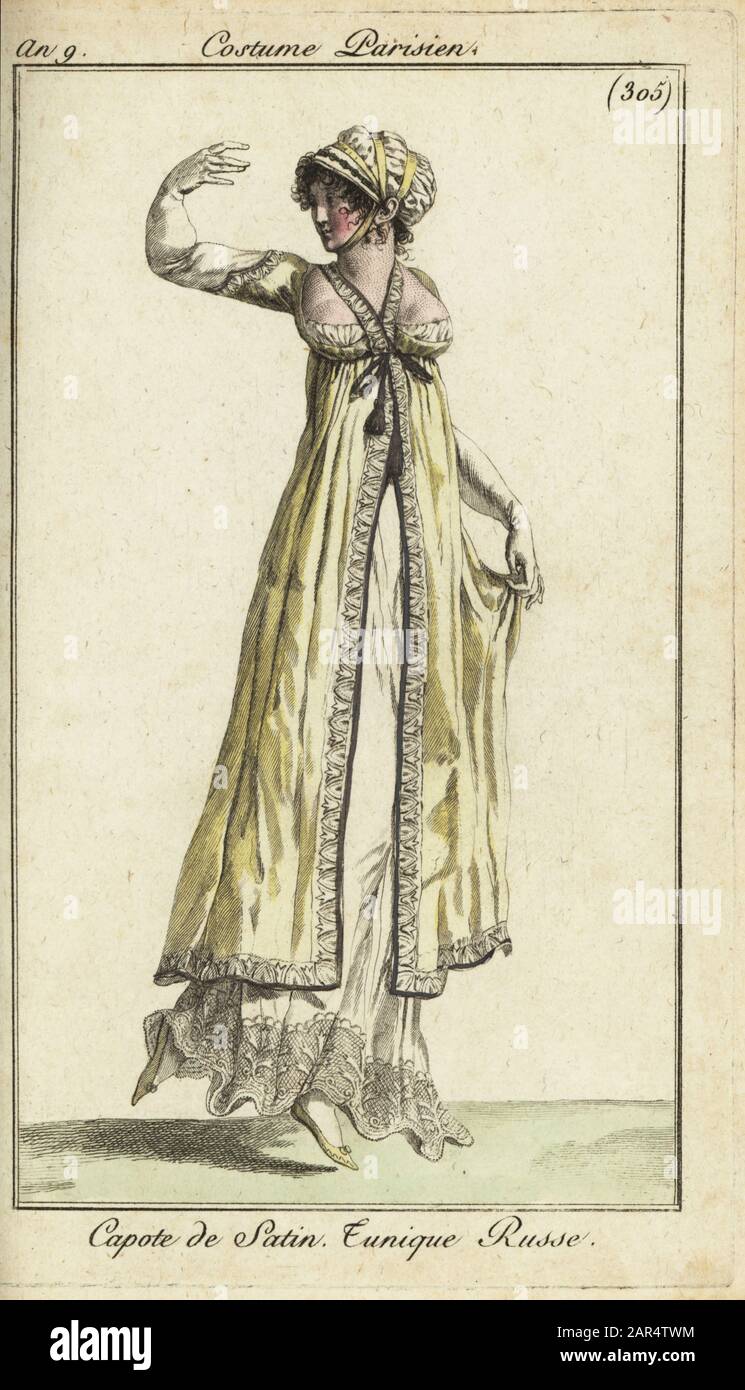 Fashionable woman or Merveilleuse dancing at a ball, 1801. She wears a satin capote hood, and a Russian tunic dress with low-cut bust and halterneck. Capote de Satin. Tunique Russe. Handcoloured copperplate engraving from Pierre de la Mesangere’s Journal des Modes et Dames, Paris, 1801. The illustrations in volume 4 were by Carle Vernet, Bosio, Dutailly and Philibert Louis Debucourt. Stock Photo
