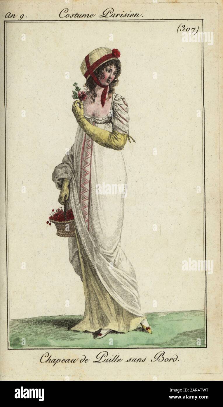 Fashionable woman in brimless straw hat, 1801. She wears a short sleeve, low-cut dress, long gloves and carries a basket of cherries. Chapeau de Paille sans Bord. Handcoloured copperplate engraving from Pierre de la Mesangere’s Journal des Modes et Dames, Paris, 1801. The illustrations in volume 4 were by Carle Vernet, Bosio, Dutailly and Philibert Louis Debucourt. Stock Photo