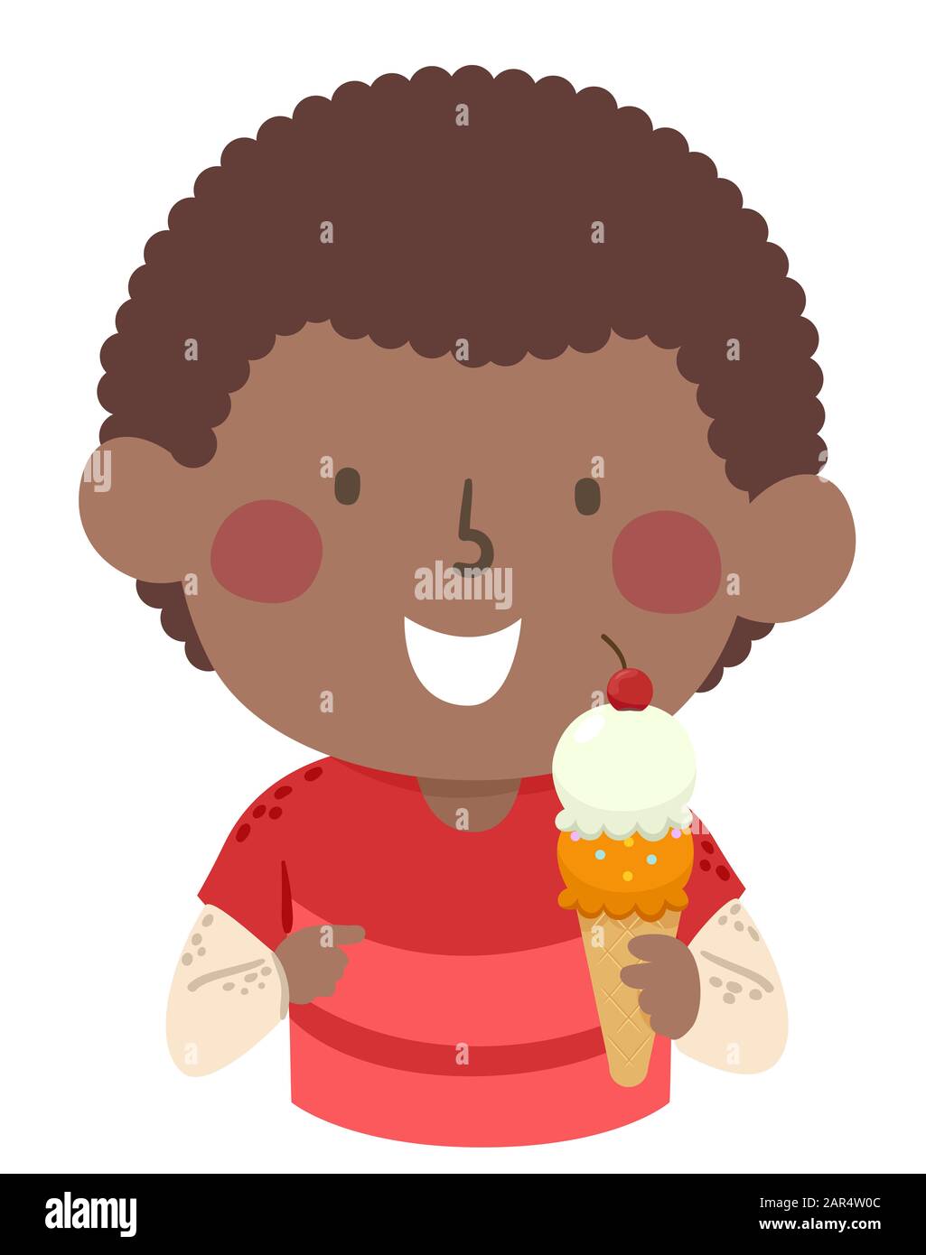 Illustration of an African American Kid Boy Holding a Cone with Two Scoops of Ice Cream Stock Photo