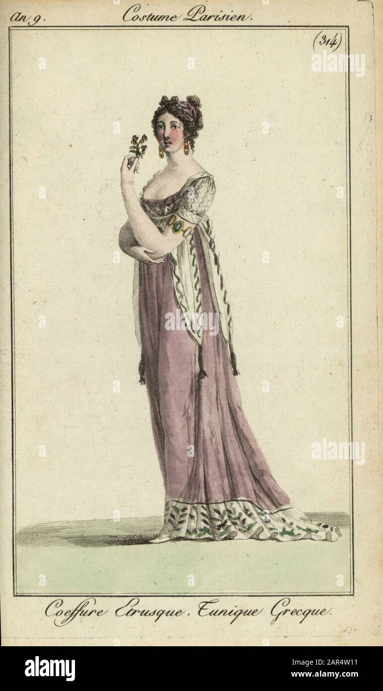 Fashionable woman in Etruscan hairstyle, Greek-style tunic, 1801. Her hairdo is braided in the Etruscan style, and her low-cut Greek tunic dress is decorated with tassles. Coeffure Etrusque. Tunique Grecque. Handcoloured copperplate engraving from Pierre de la Mesangere’s Journal des Modes et Dames, Paris, 1801. The illustrations in volume 4 were by Carle Vernet, Bosio, Dutailly and Philibert Louis Debucourt. Stock Photo