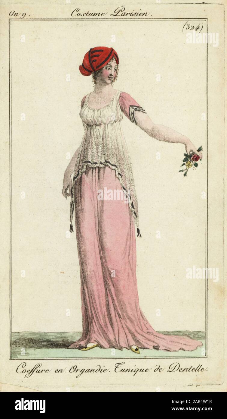 Fashionable woman in organdy headdress, 1801. She wears a lace tunic over a pink, short-sleeved dress. Coeffure en Organdie. Tunique de Dentelle. Handcoloured copperplate engraving from Pierre de la Mesangere’s Journal des Modes et Dames, Paris, 1801. The illustrations in volume 4 were by Carle Vernet, Bosio, Dutailly and Philibert Louis Debucourt. Stock Photo