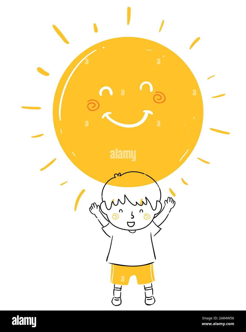 Illustration of a Happy Kid Boy Doodle with a Big and Smiling Sun in Summer Stock Photo