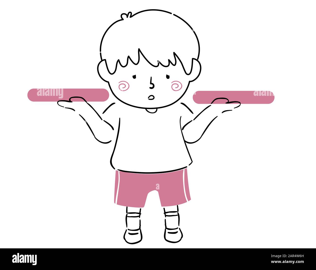 Illustration of a Sad or Indecisive Kid Boy with Both Hands Up Carrying Two Empty Bars for Placing Objects Stock Photo
