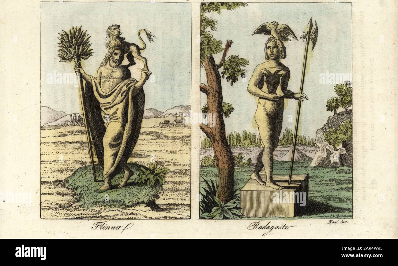 Ancient Germanic deities and kings: Flinna or Flins, god of death in Wendish mythology, idol of the Vandals 1, and Radagasto or Radgost with ax, bird crown and bull breastplate, king of the Obotrites, worshipped by the Moravians. Handcoloured copperplate engraving by Nasi from Giulio Ferrario’s Costumes Ancient and Modern of the Peoples of the World, Il Costume Antico e Moderno, Florence, 1844. Stock Photo