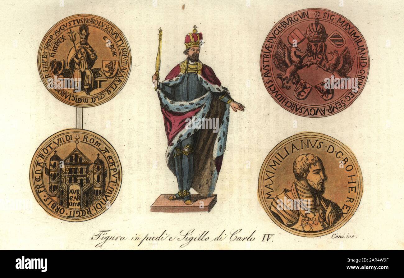 Standing figure and seals from the Golden Bull of King Wenceslaus IV of  Bohemia, Charles Holy Roman Emperor, 1316-1378. Figura in piedi e Sigillo di  Carlo IV. Handcoloured copperplate engraving by from