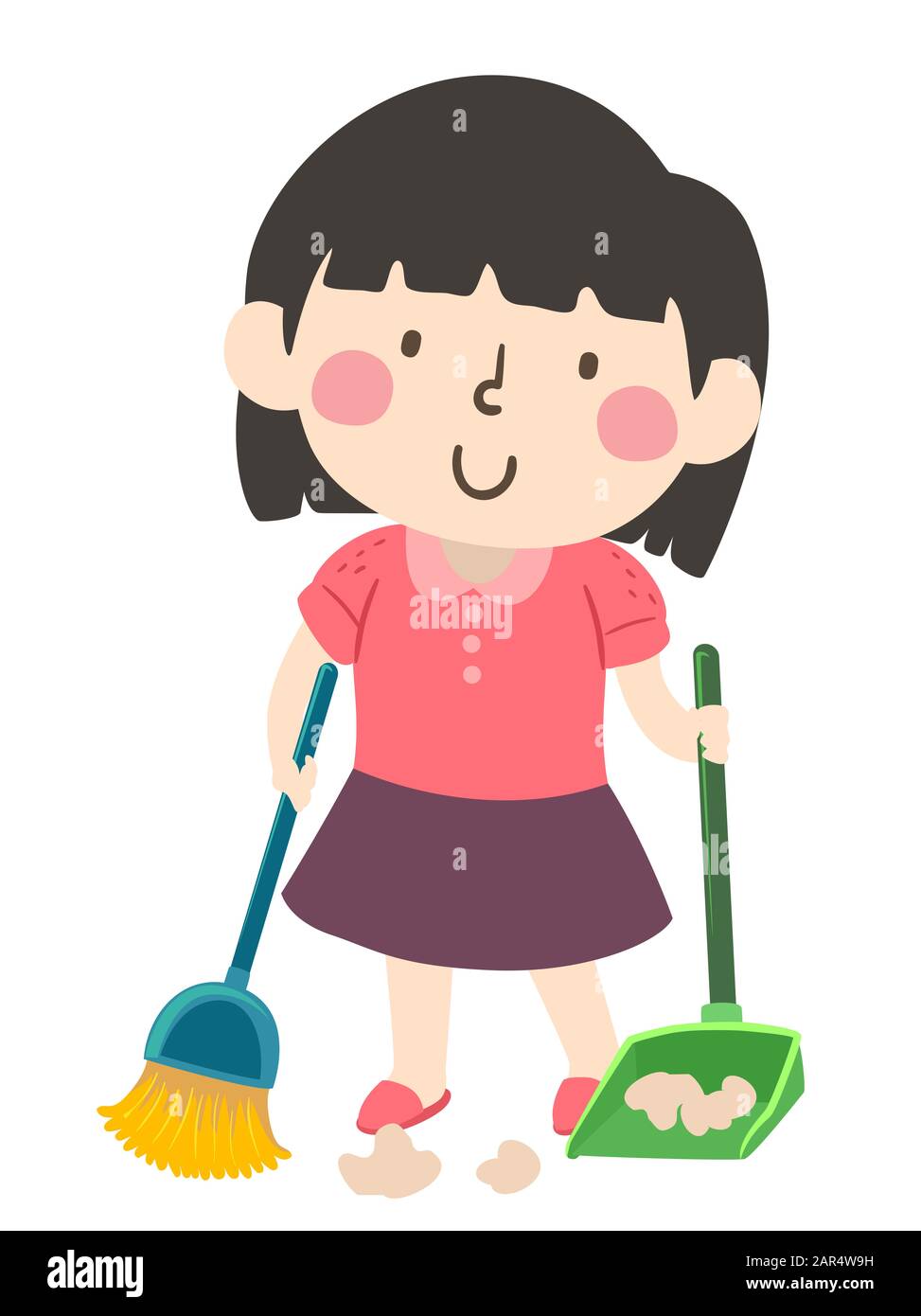 Illustration Of A Kid Girl Holding Broom And Dust Pan Sweeping