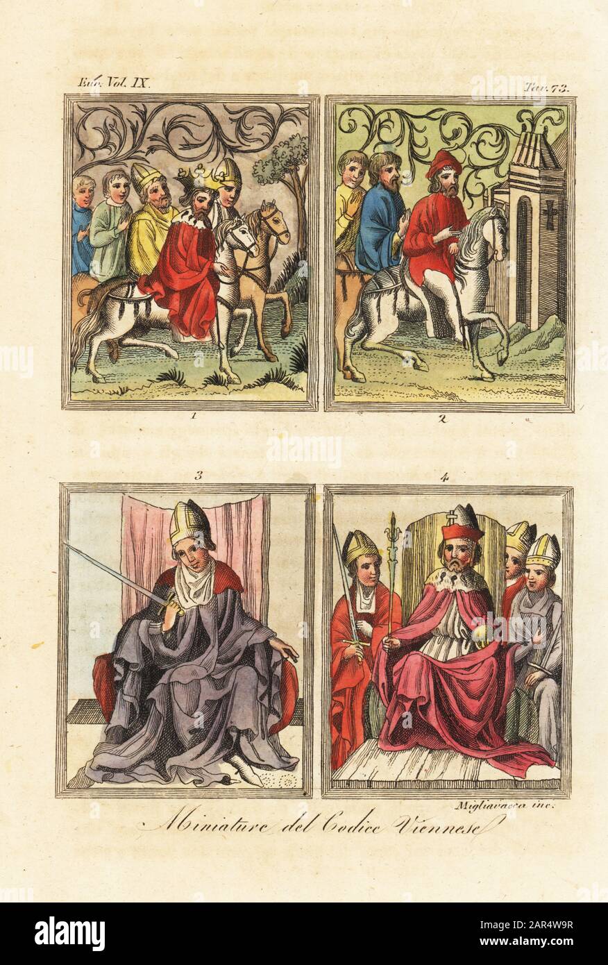 King Wenceslaus of Bohemia riding with the Archbishop of Mainz, the Bishops of Bamberg and Wurtzburg and the Burgraves of Nuremberg 1; citizens of Frankfurt on horseback 2; the Archbishop of Mainz 3, and Holy Roman Emperor Charles IV on his throne with sceptre and orb with the Archbishops of Trier, Cologne and Mainz 4. Miniatures from the Vienna Codex of the Golden Bull, an illuminated manuscript prepared for King Wenceslaus IV of Bohemia, 1365. Handcoloured copperplate engraving by Migliavacca from Giulio Ferrario’s Costumes Ancient and Modern of the Peoples of the World, Il Costume Antico e Stock Photo