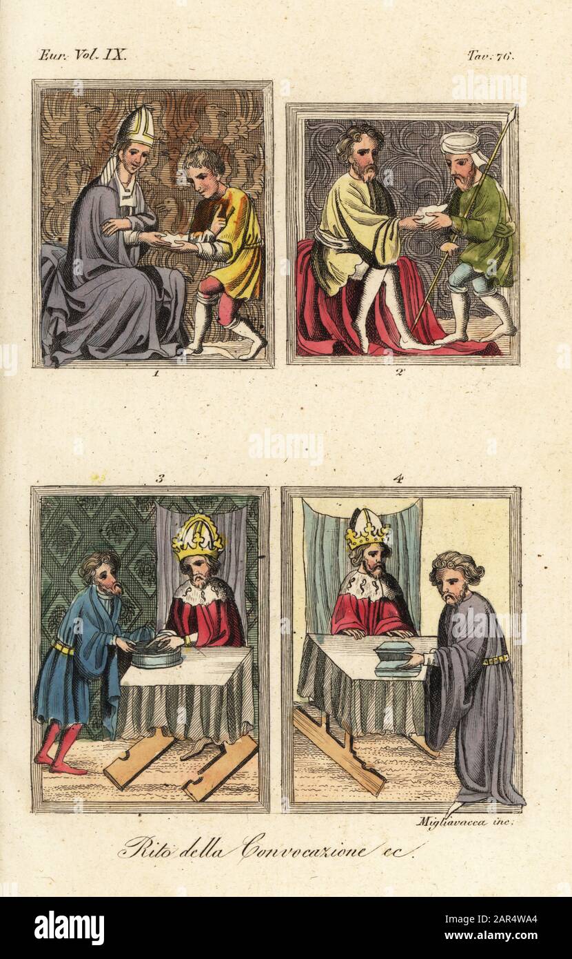 Rites of Convocation of the Holy Roman Emperor. Charles IV recieving a messenger 1, an electoral mandate 2, the Elector of Brandenburg washing his hands in a silver bowl 3, and four silver bowls of food from the Count of Palatine 4. Rito della Convocazione. Miniatures from the Vienna Codex of the Golden Bull, an illuminated manuscript prepared for King Wenceslaus IV of Bohemia, 1365. Handcoloured copperplate engraving by Migliavacca from Giulio Ferrario’s Costumes Ancient and Modern of the Peoples of the World, Il Costume Antico e Moderno, Florence, 1844. Stock Photo