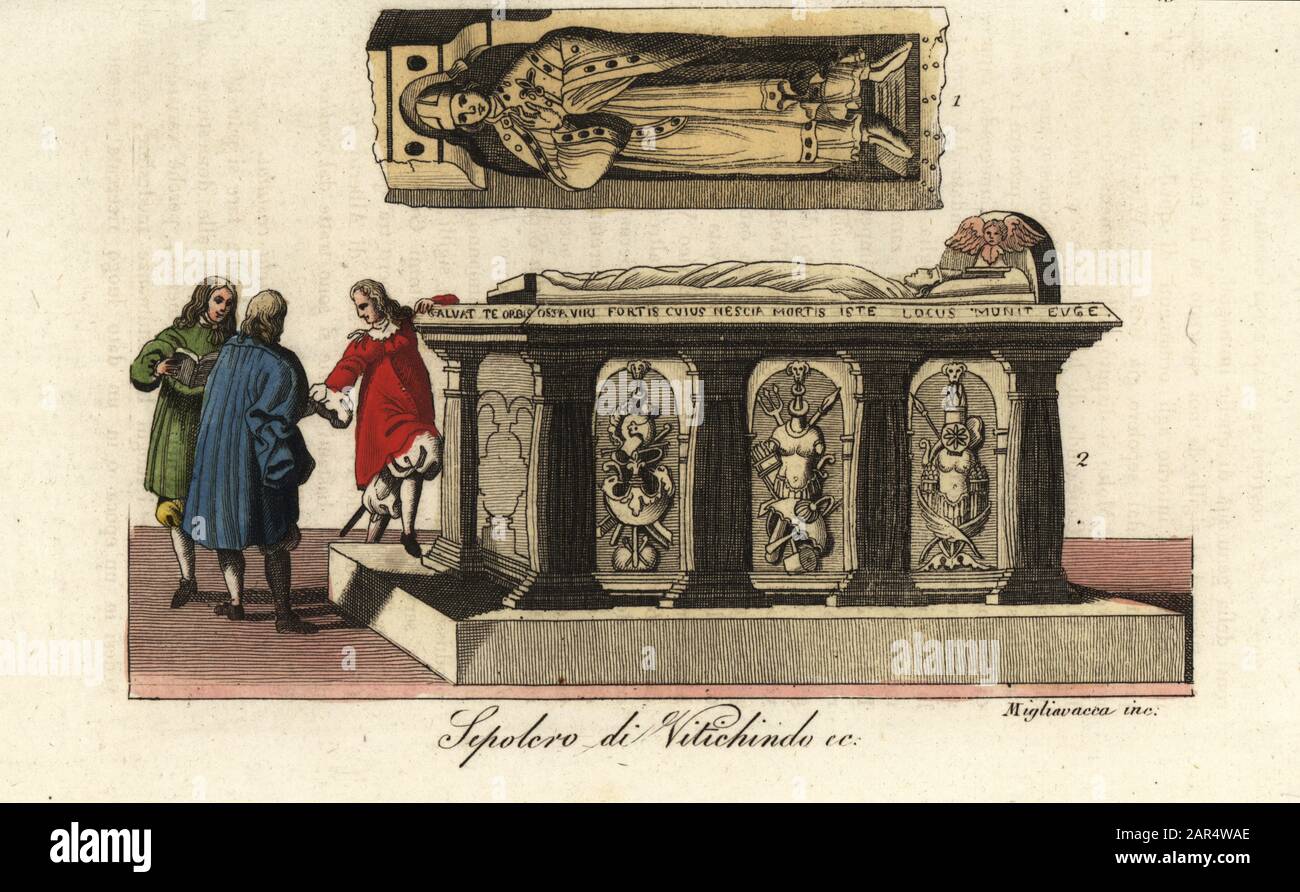 Tomb of Widukind, died 785. Leader of the Saxons and chief opponent of the Frankish king Charlemagne during the Saxon Wars. Sepolcro di Vitichindo. Handcoloured copperplate engraving by Migliavacca from Giulio Ferrario’s Costumes Ancient and Modern of the Peoples of the World, Il Costume Antico e Moderno, Florence, 1844. Stock Photo