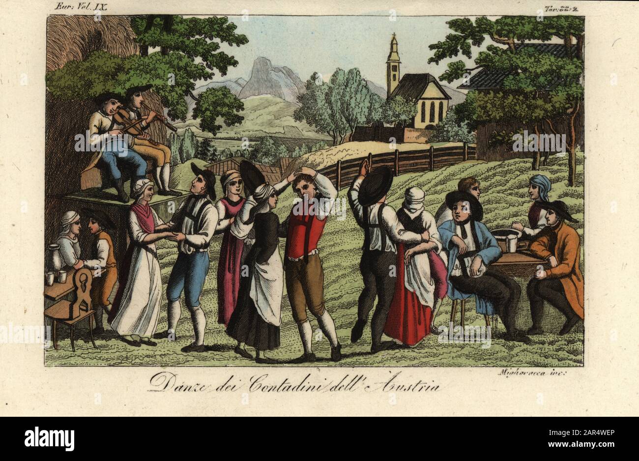 Peasants dancing in fields, Austria, 1822. Men and women dance together to music from a fiddler and recorder. Danze dei Contadini dell’Austria. Taken from Alexandre de Laborde’s Voyage pittoresque en Autriche, 1822. Handcoloured copperplate engraving by Migliavacca from Giulio Ferrario’s Costumes Ancient and Modern of the Peoples of the World, Il Costume Antico e Moderno, Florence, 1844. Stock Photo