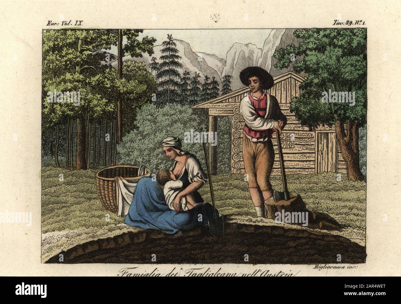 Family of woodcutters in Austria, 1822. The man stands with an axe, while his wife breastfeeds a child near a well. Familia dei Taalialeana nell’Austria. Taken from Alexandre de Laborde’s Voyage pittoresque en Autriche, 1822. Handcoloured copperplate engraving by Migliavacca from Giulio Ferrario’s Costumes Ancient and Modern of the Peoples of the World, Il Costume Antico e Moderno, Florence, 1844. Stock Photo