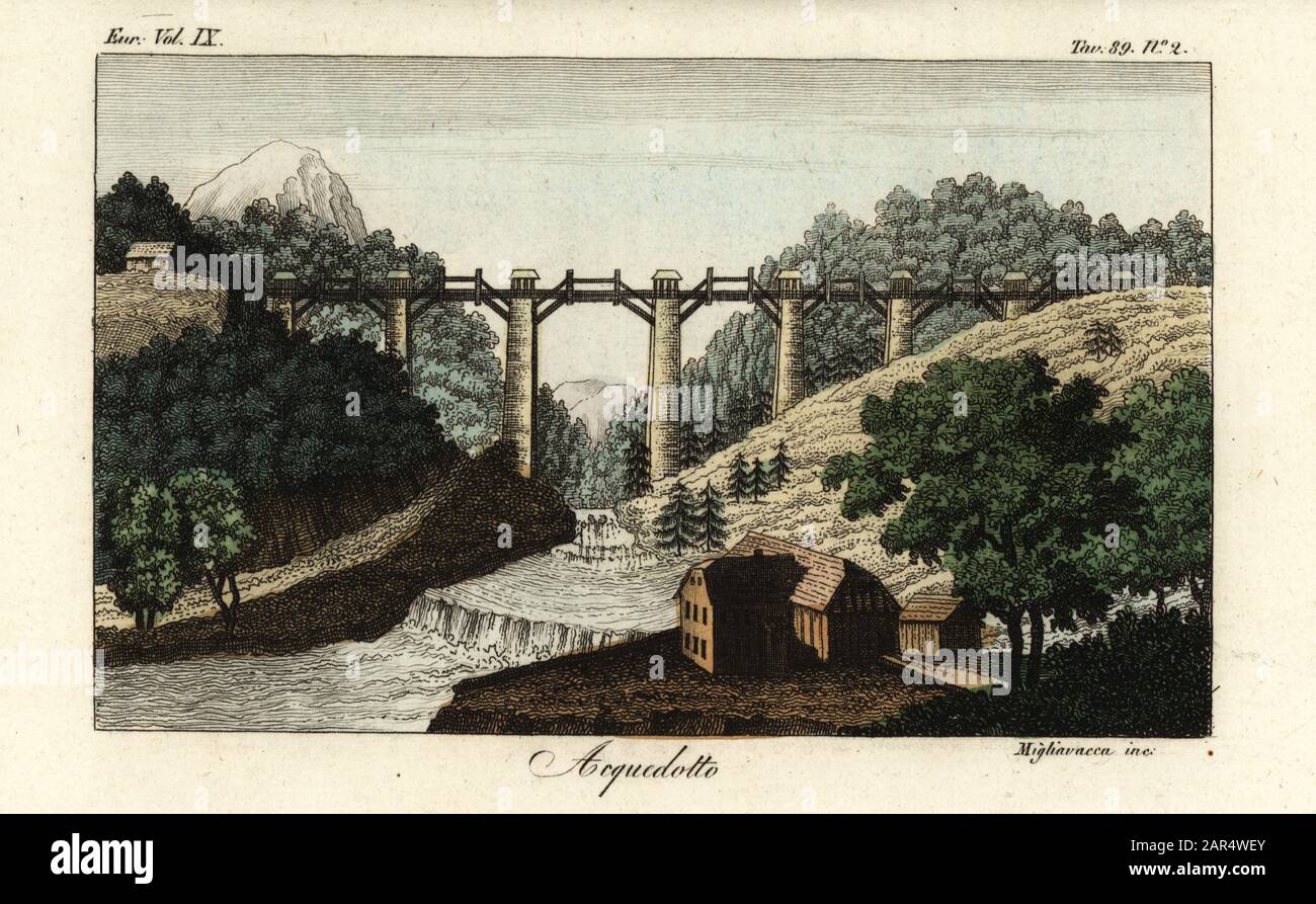 The aqueduct called the Gosauzwang in Goisern, Upper Austria, 1822. It conveys brine from the Hallstadt salt mine to the boiling houses at Ischl and Ebensee. Acquedotto. Taken from Alexandre de Laborde’s Voyage pittoresque en Autriche, 1822. Handcoloured copperplate engraving by Migliavacca from Giulio Ferrario’s Costumes Ancient and Modern of the Peoples of the World, Il Costume Antico e Moderno, Florence, 1844. Stock Photo