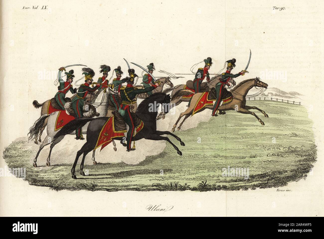 Lancers or Uhlan light cavalry in the (German) Imperial Army, 19th century. Ulani. Handcoloured copperplate engraving by Antonio Verico from Giulio Ferrario’s Costumes Ancient and Modern of the Peoples of the World, Il Costume Antico e Moderno, Florence, 1844. Stock Photo