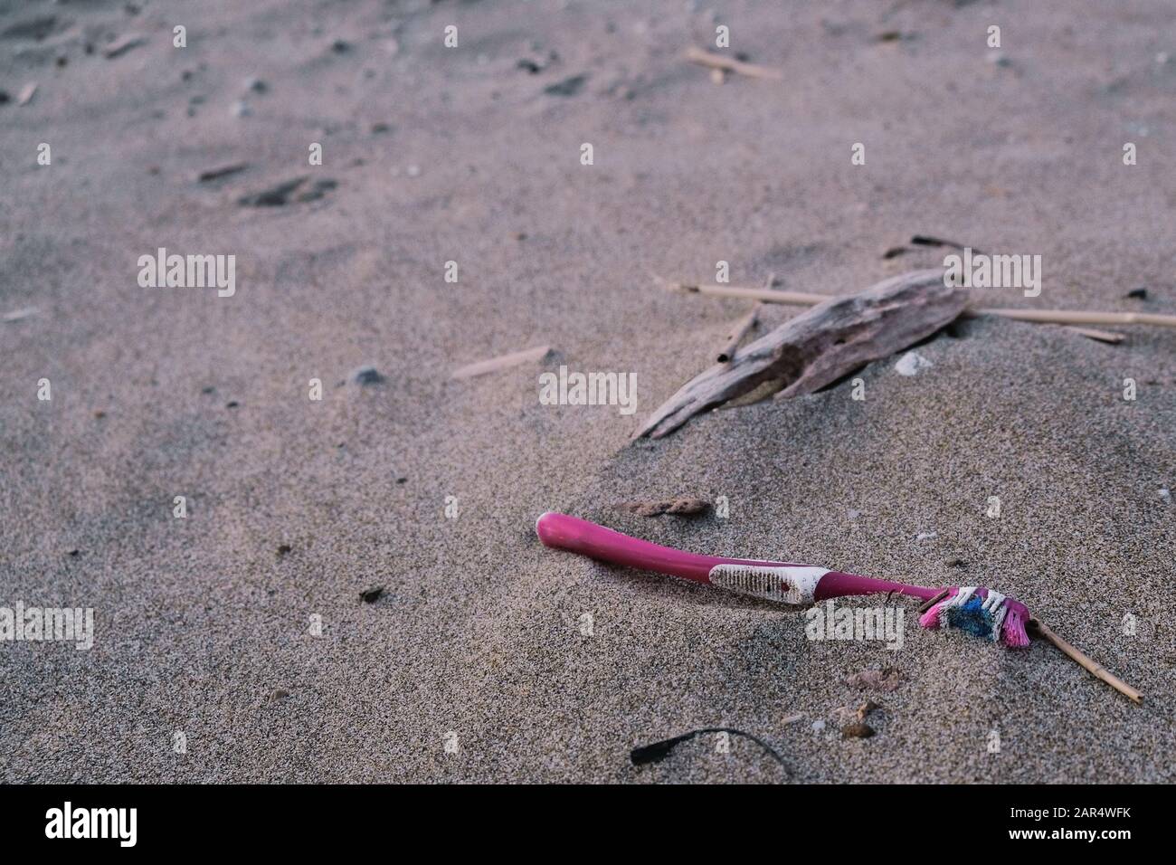 Toothbrush garbage sea pollution on winter sandy sea ecosystem, human polluted  Stock Photo
