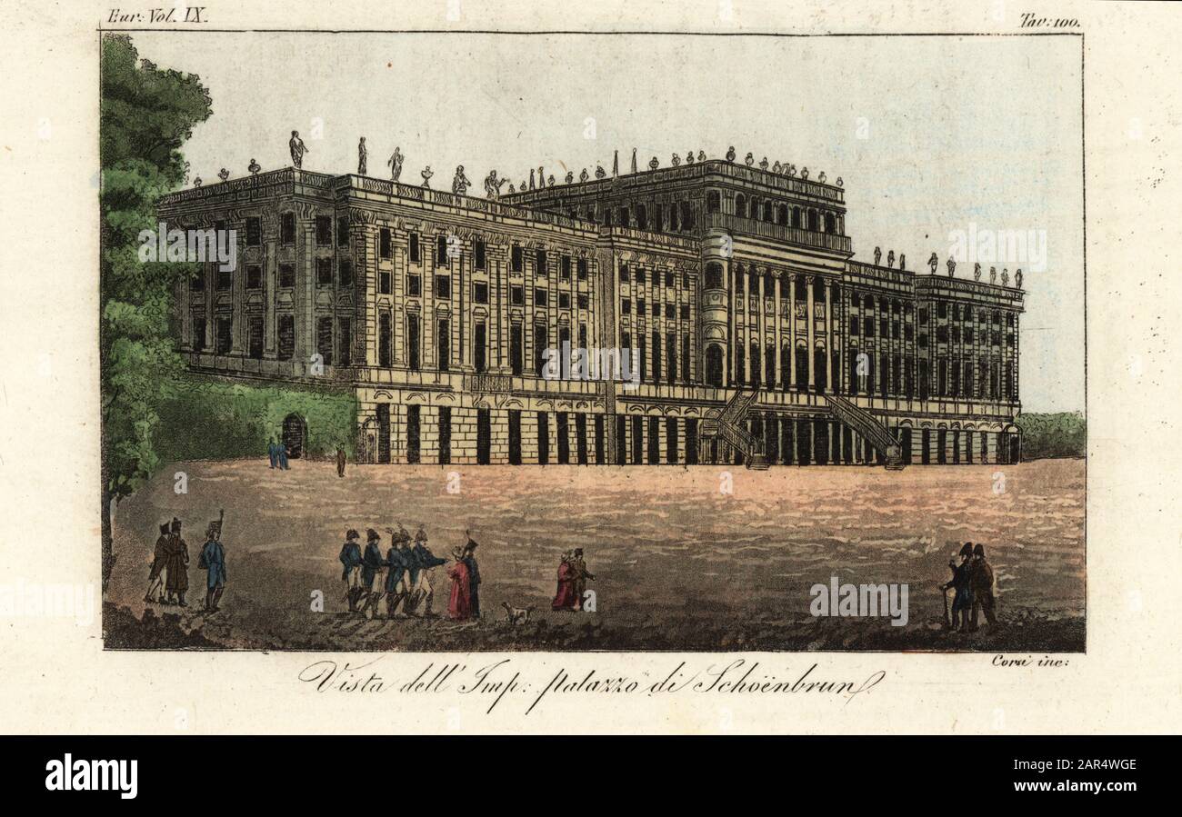 View of the Schonbrunn Palace, Vienna, 1822. The main summer residence of the Habsburg rulers. Vista dell’Imp. Palazzo di Schoenbrun. Taken from Alexandre de Laborde’s Voyage pittoresque en Autriche, 1822. Handcoloured copperplate engraving by Corsi from Giulio Ferrario’s Costumes Ancient and Modern of the Peoples of the World, Il Costume Antico e Moderno, Florence, 1844. Stock Photo