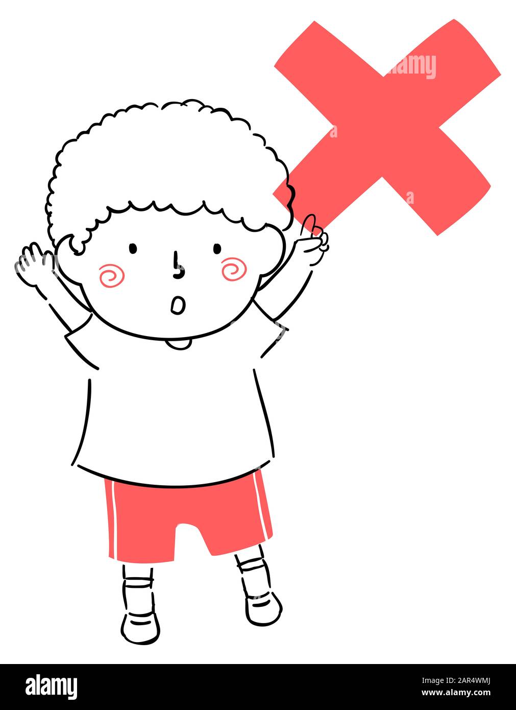 Doodle Illustration of a Kid Boy Pointing to an X Safety Symbol for No