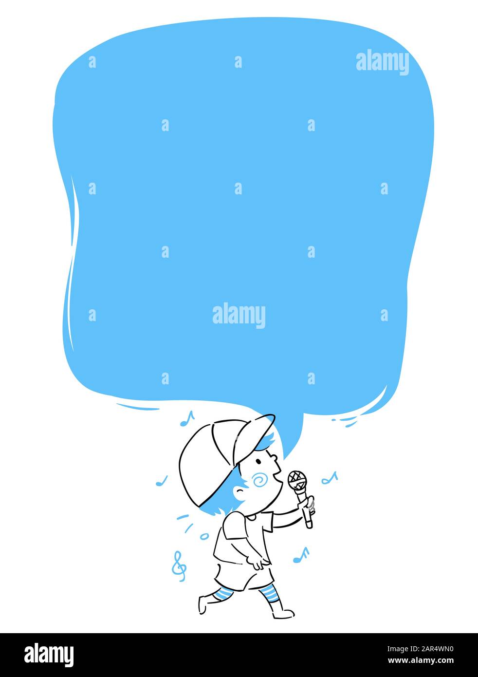 Doodle Illustration of a Kid Boy Holding Microphone and Singing a Song with a Bank Speech Bubble for Lyrics Stock Photo