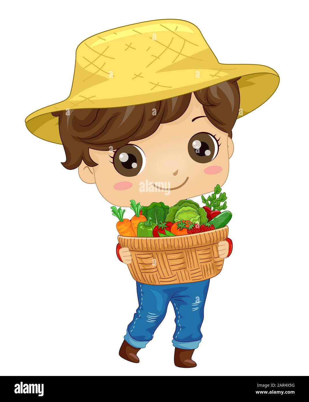 Illustration of a Kid Boy Farmer Holding a Basket of Vegetable Harvest ...